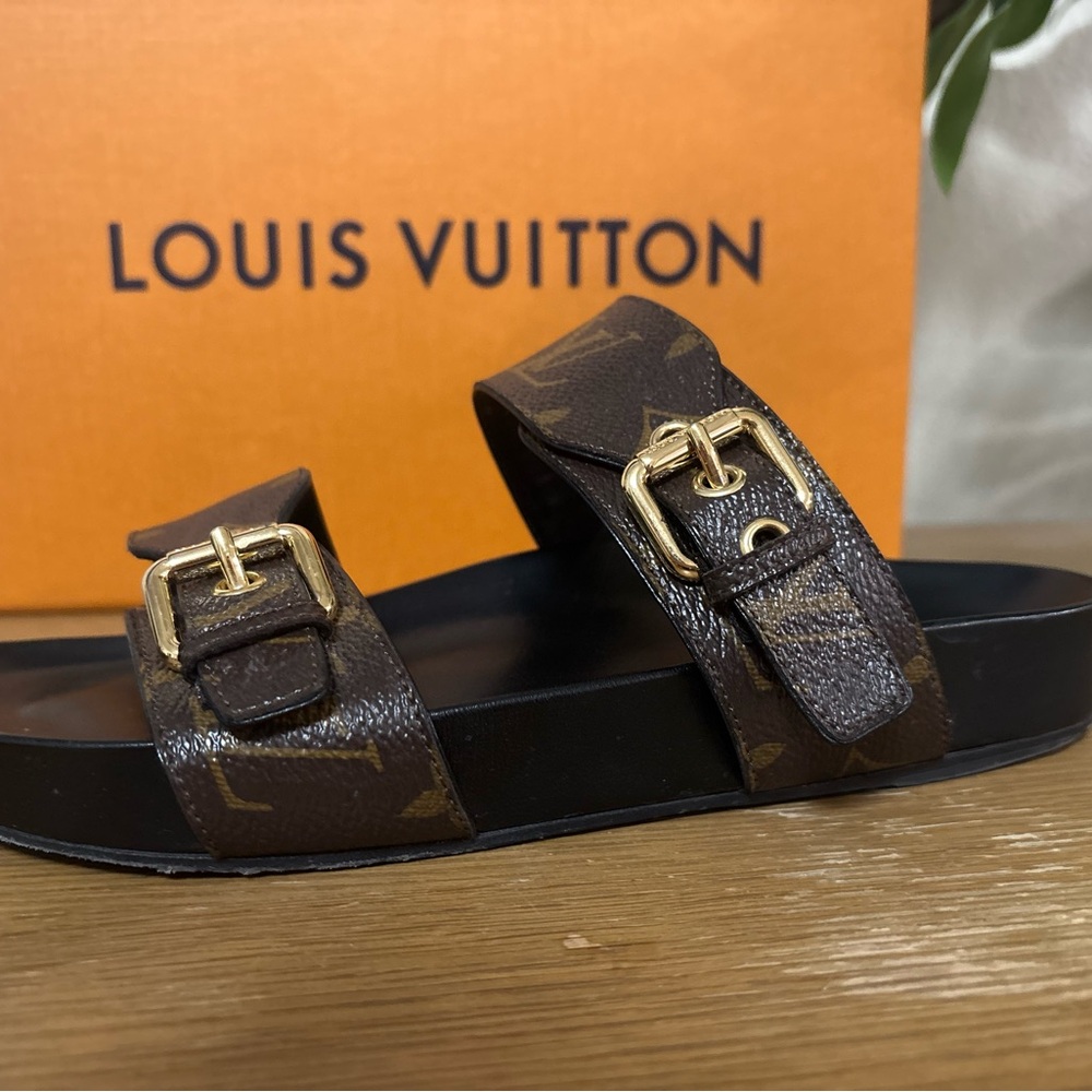 Original Louis Vuitton Bom Dia Flat Mule 1A3R5M Monogram Brown Sandals Size 38 - Picture 9 of 14